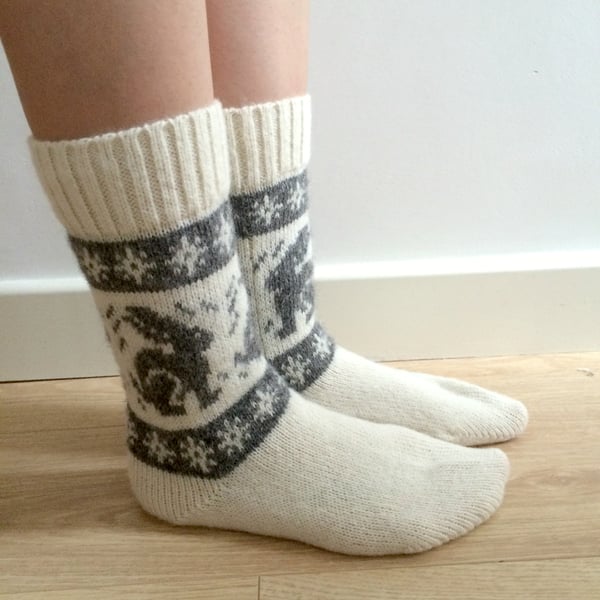 READY TO SHIP White Wool Socks Grey Rabbit Bunny Hare Fairisle Christmas 