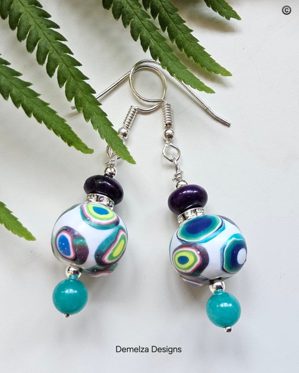 Hand Made Polymer Clay Beads, Howelite & Quartzite Earings.