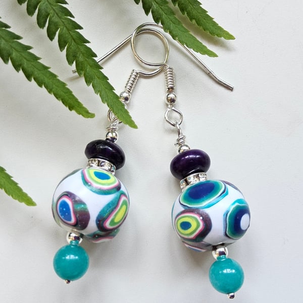 Hand Made Polymer Clay Beads, Howelite & Quartzite Earings.