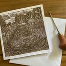 Lino print Hedgehog card, a hand printed linocut card