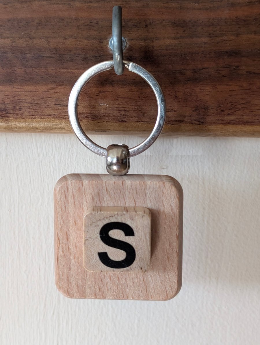 Alphabet letter tile wooden keyring - bagcharm - S