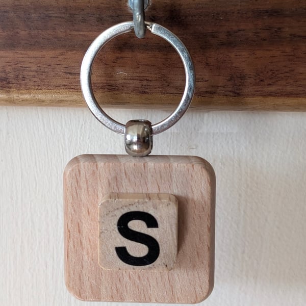 Alphabet letter tile wooden keyring - bagcharm - S
