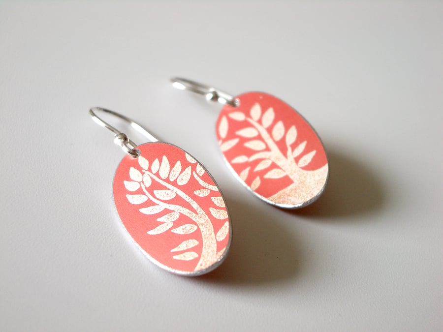 Oval tree print orange earrings 
