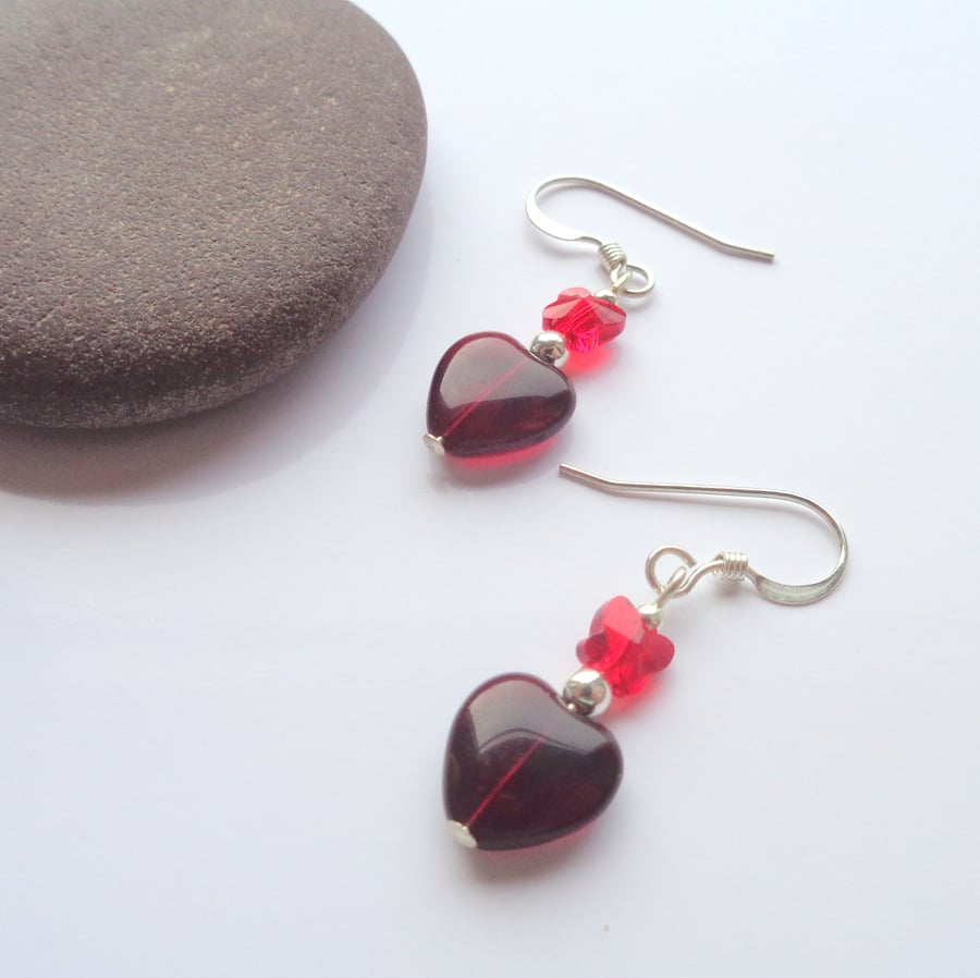 Red glass heart & crystal butterfly sterling silver earrings