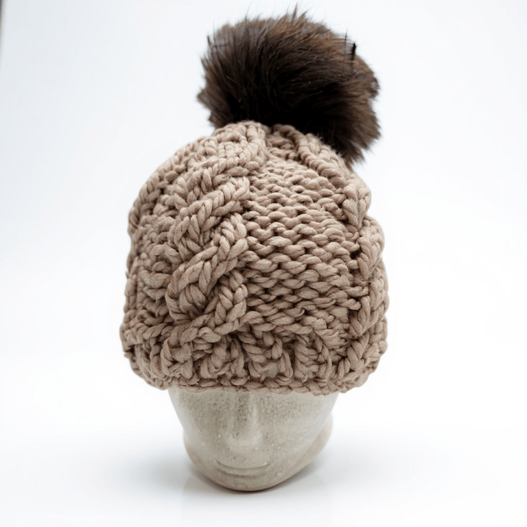 Hand knitted super chunky hat with fur pompom