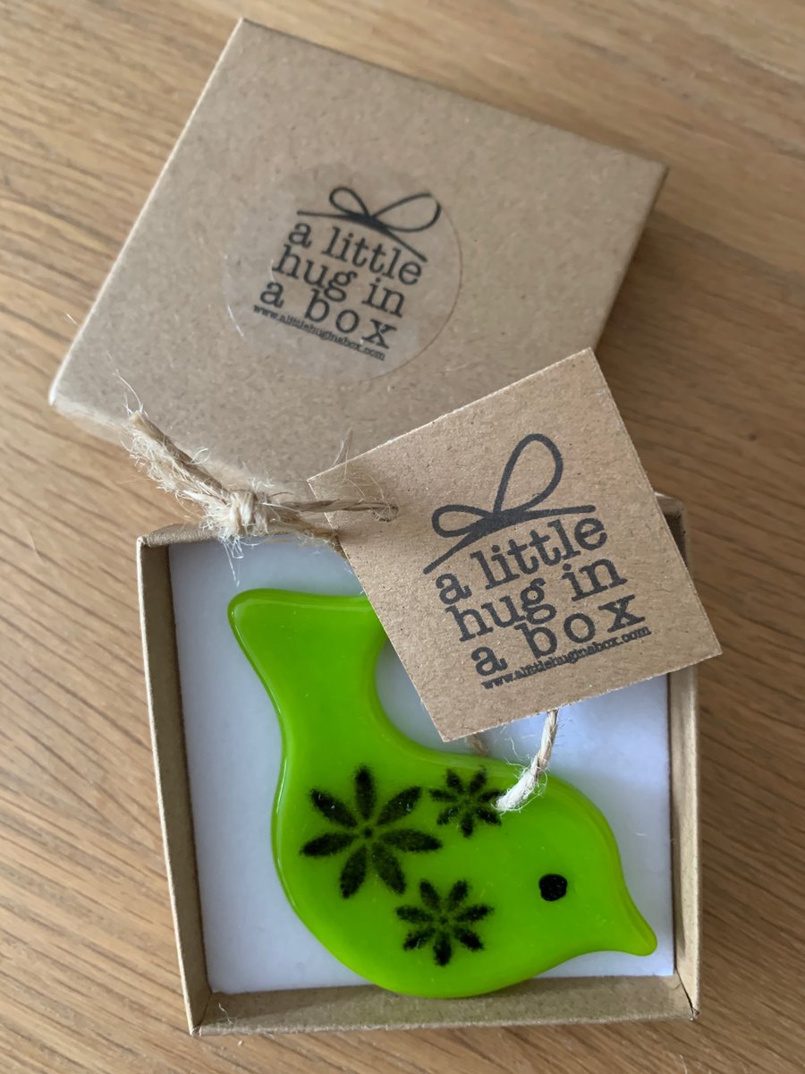 A little hug in a box patterned lime green bird gift