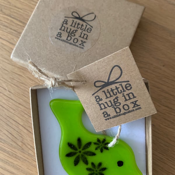 A little hug in a box patterned lime green bird gift