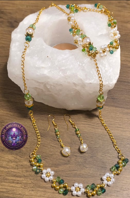 Artisan Pearl Flower Jewelry Set, Gold Green Woven Bracelet, Drop Earrings