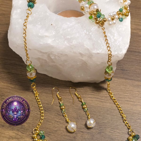Artisan Pearl Flower Jewelry Set, Gold Green Woven Bracelet, Drop Earrings