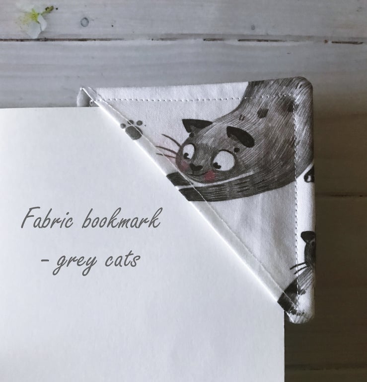 Grey Cat Fabric Corner Bookmark 