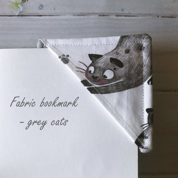 Grey Cat Fabric Corner Bookmark 