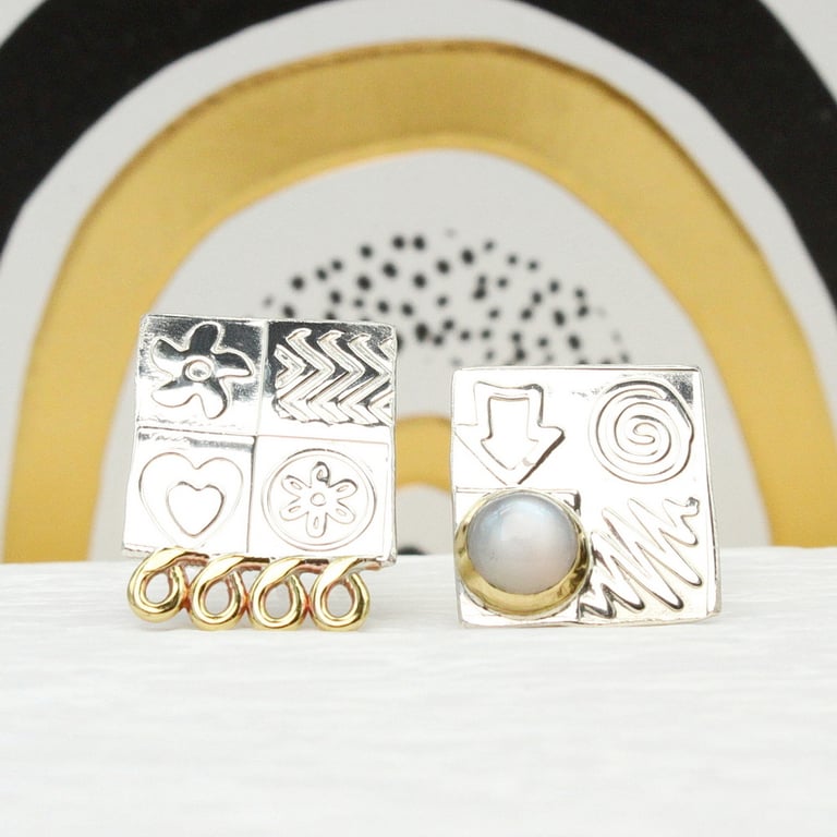 Handmade Moonstone ear studs, asymmetrical with unique design and a stone choice