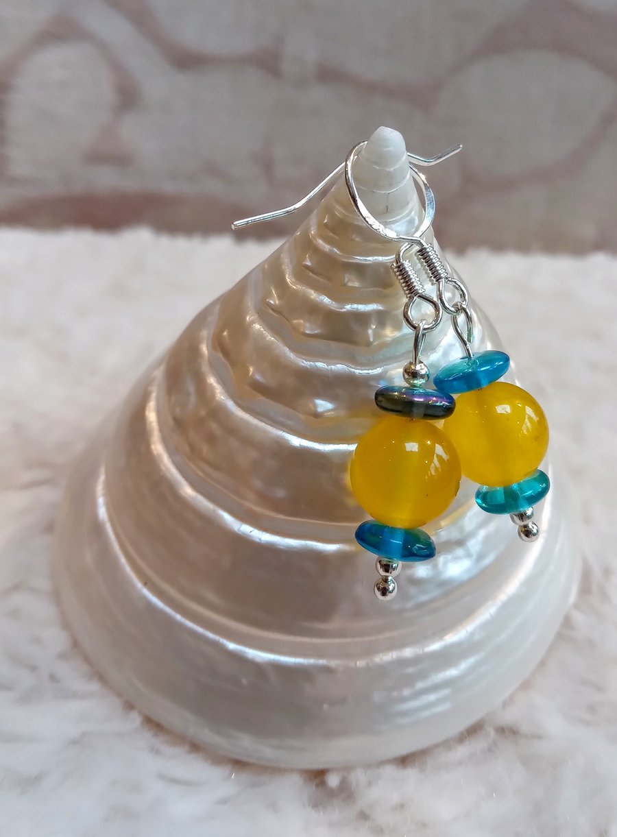 Yellow gemstone orb beads & coated blue glass sliced beads silvertone EARRINGS
