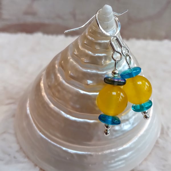 Yellow gemstone orb beads & coated blue glass sliced beads silvertone EARRINGS