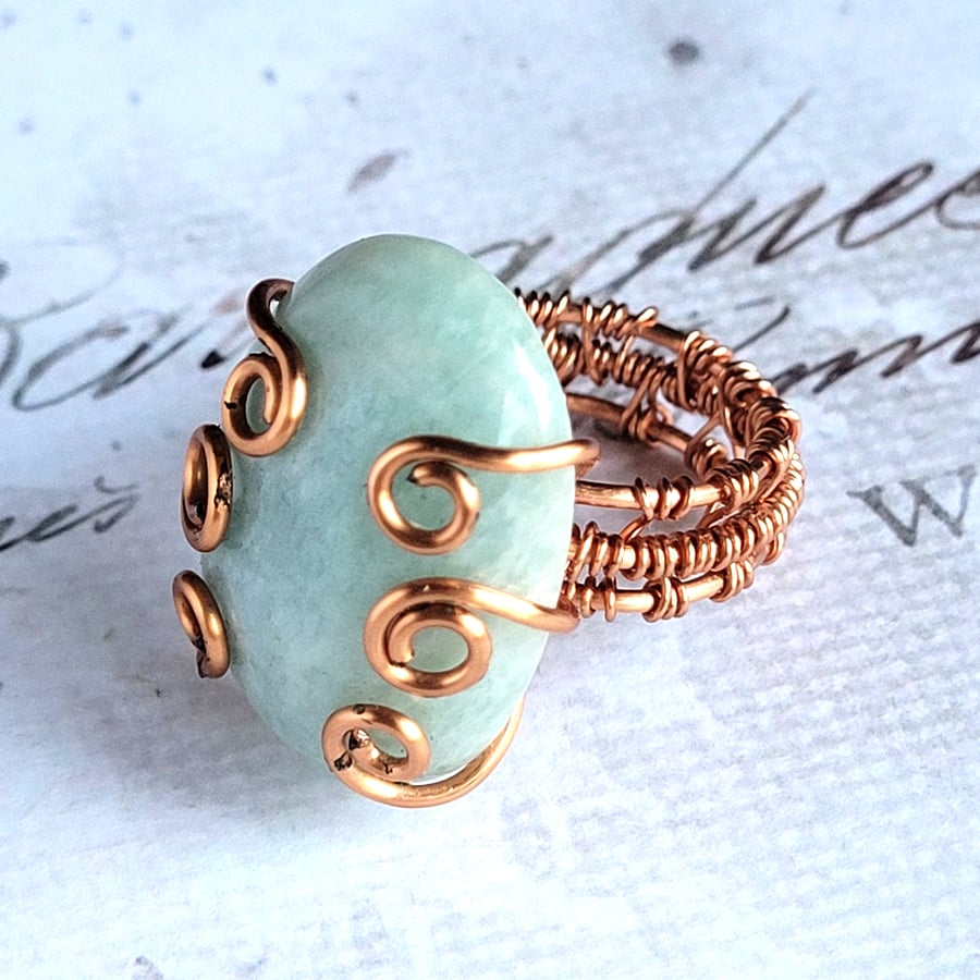 Amazonite and Copper Wire-Wrapped Positivity Ring, Unique Piece,UK Size L