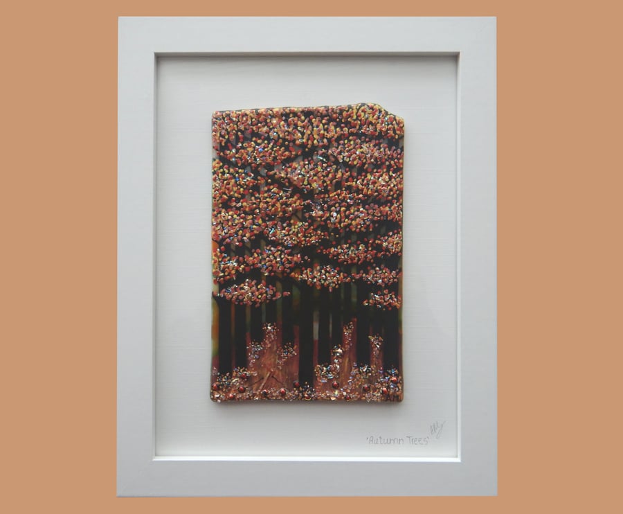 HANDMADE FUSED GLASS 'AUTUMN TREES' PICTURE.
