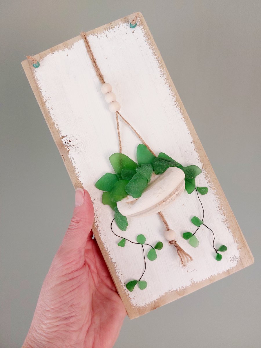 Sea Glass Art Picture - Hanging Basket on Reclaimed Wood - Home Decor, Gift Idea
