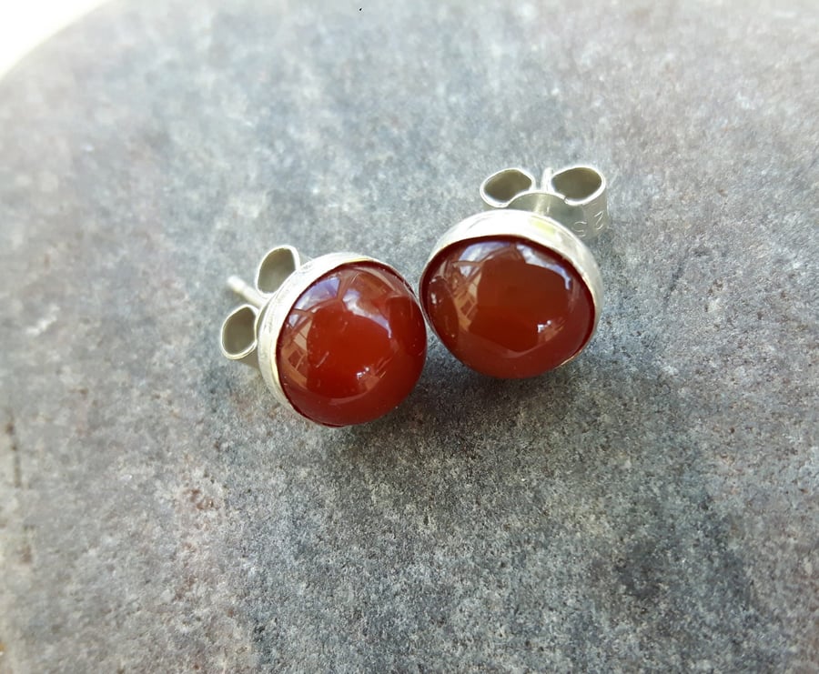 Sterling Silver Stud Earrings with Carnelian Gemstone 