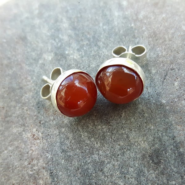 Sterling Silver Stud Earrings with Carnelian Gemstone 