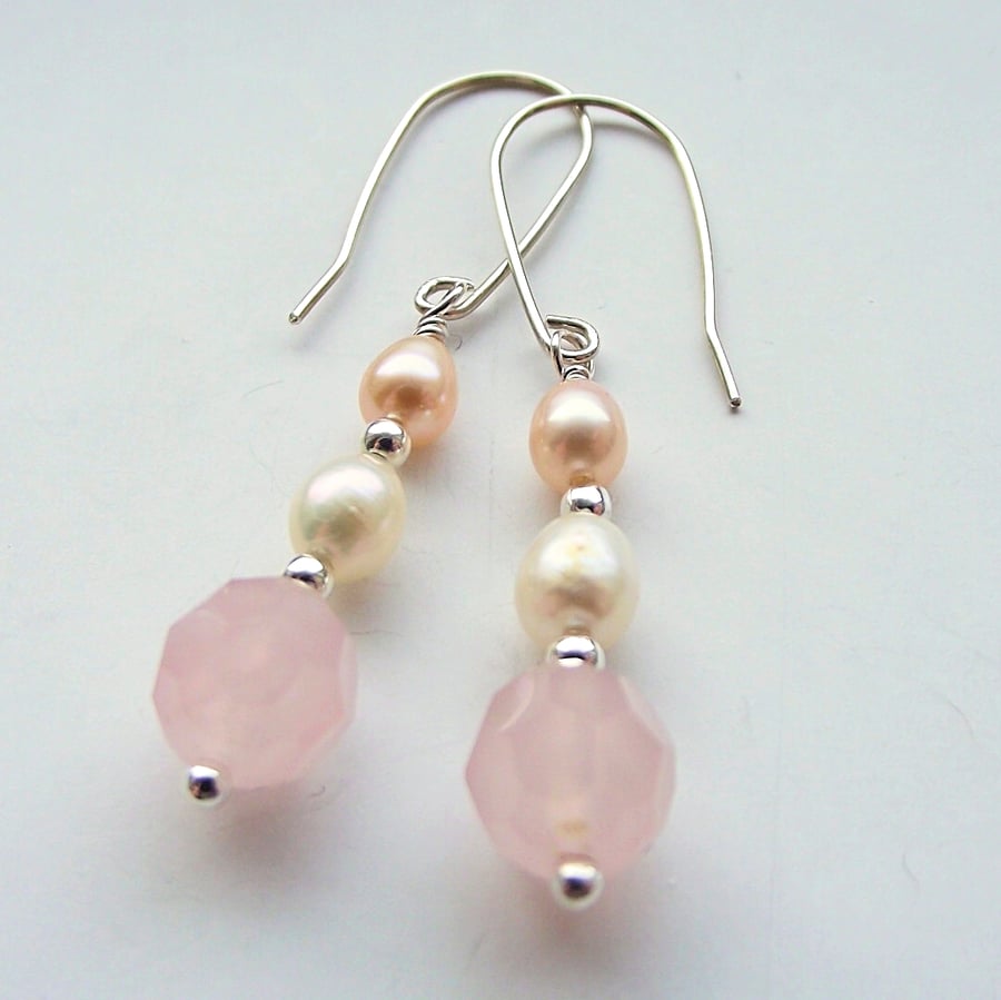 Earrings rose quartz and freshwater pearl sterling silver mothers day wedding