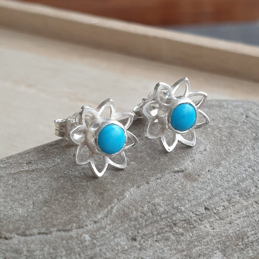 Silver and turquoise flower studs, December birthstone gift