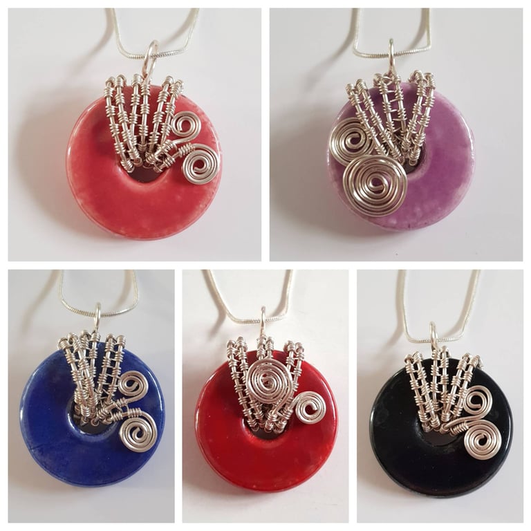 Wirework Pendant Necklace with Ceramic Donut Bead - Choice of Colours