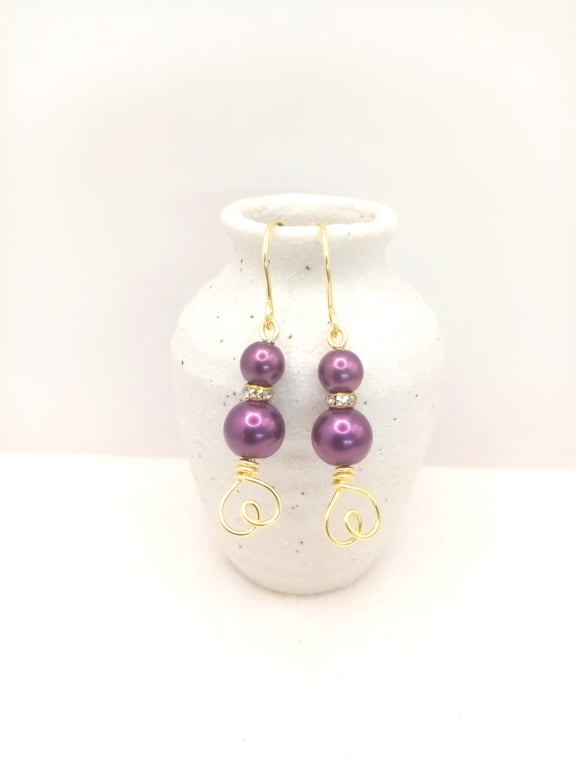 Glass Pearl Drop Earrings, Pink-Purple-Plum-Blue Earrings, Glass Pearl Earrings 