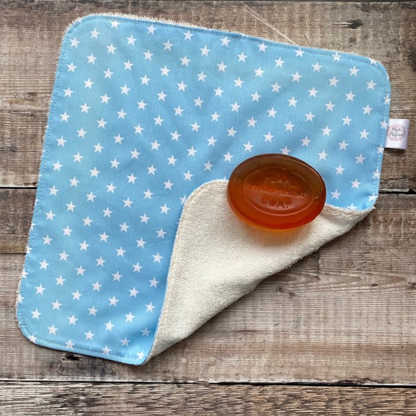 Organic Bamboo Cotton Wash Face Cloth Flannel Pale Blue White Stars