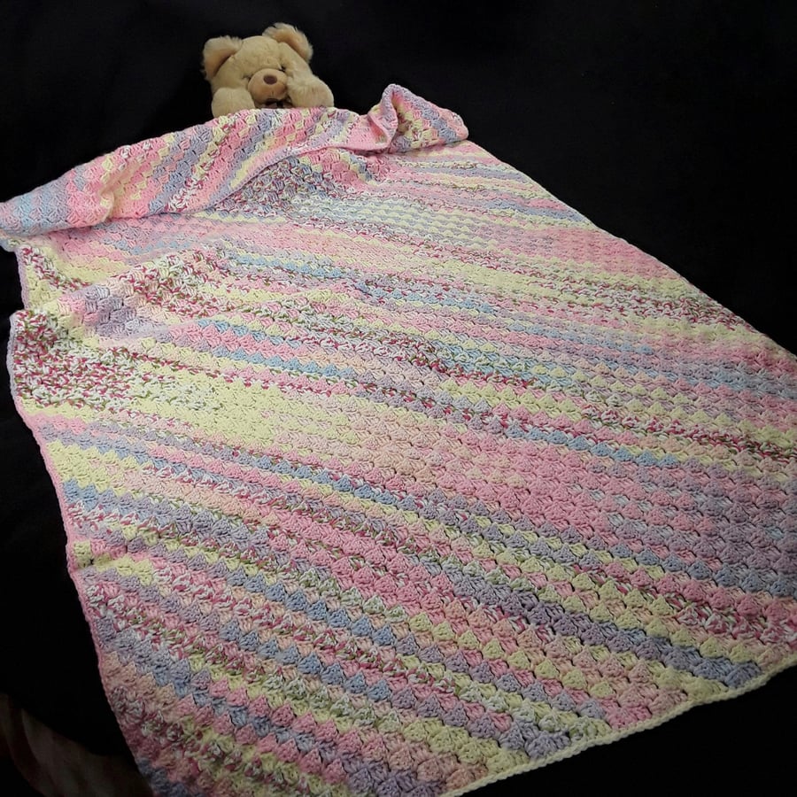 Hand crocheted baby cot bed size pink multicolour c2c blanket