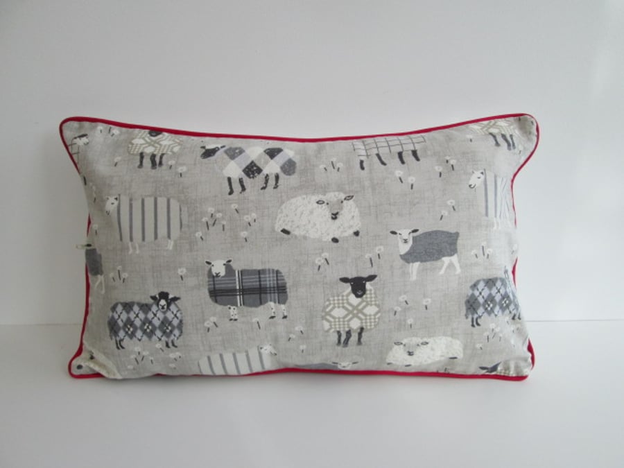 Grey Sheep Cushion Cover with Red Piping