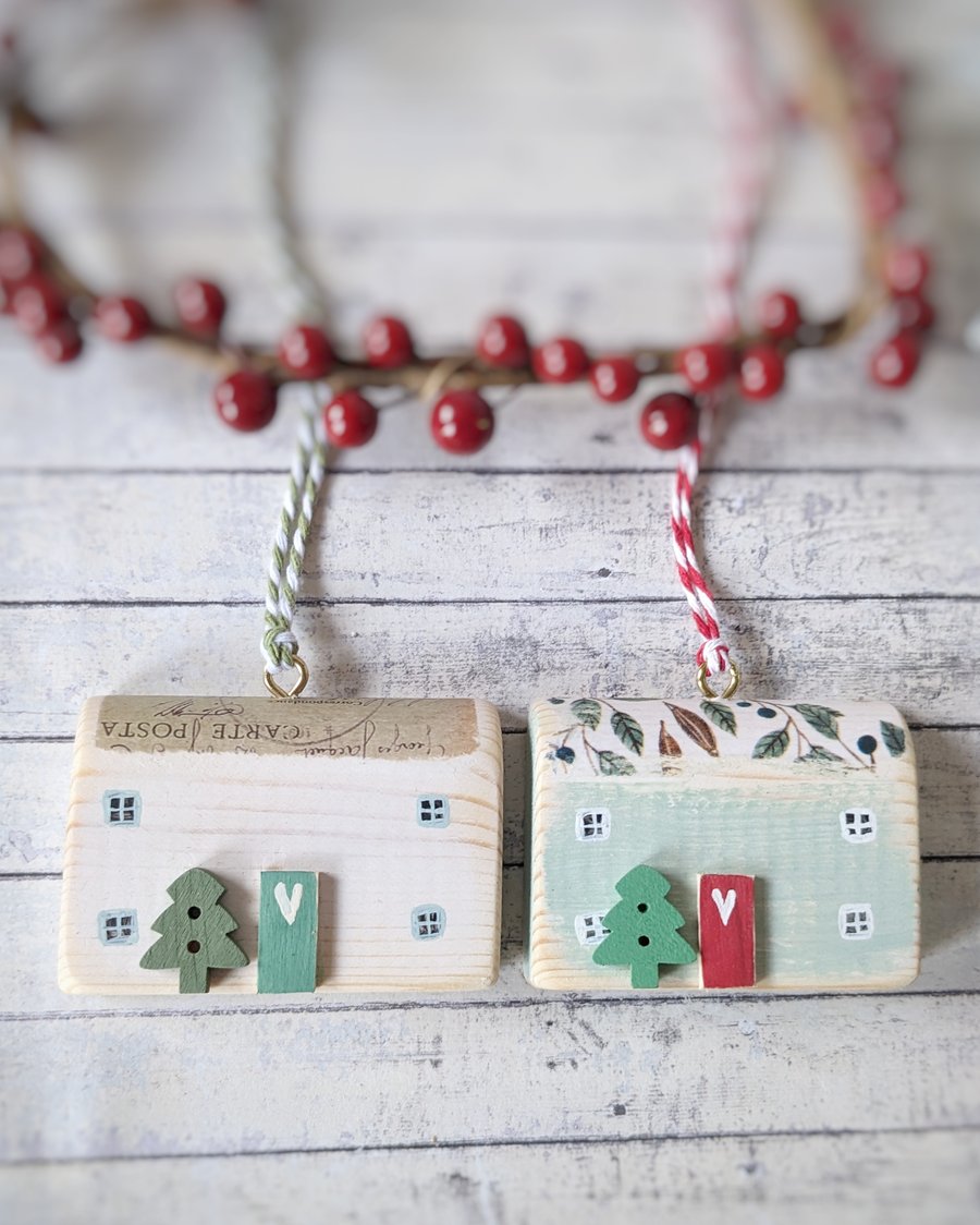 Set of 2 Wooden Christmas House Hanging Decorations