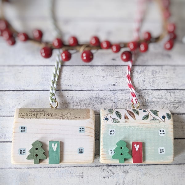 Set of 2 Wooden Christmas House Hanging Decorations