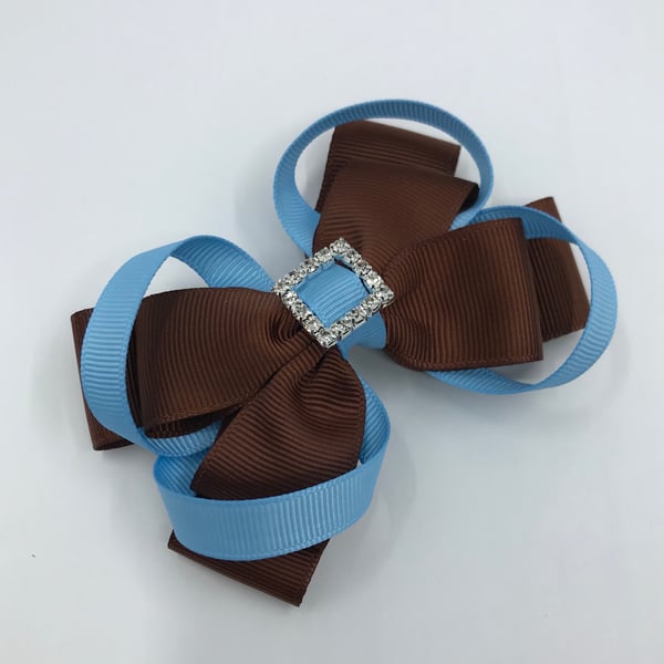 Brown Double Layer Bow with Light Blue Loops on Clip