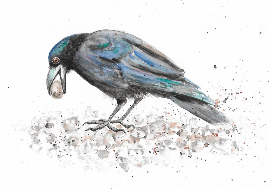 Crow with pebble in beak art, original painting
