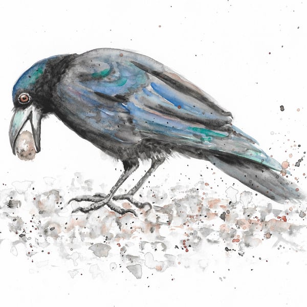 Crow with pebble in beak art, original painting
