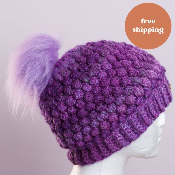 Hand made crochet puff stitch hat with handmade faux fur detachable pompom 