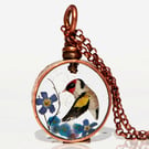 Copper Resin Goldfinch Forget-Me-Not Flowers Pendant Necklace 