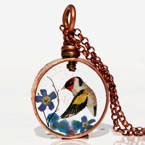 Copper Resin Goldfinch Forget-Me-Not Flowers Pendant Necklace 
