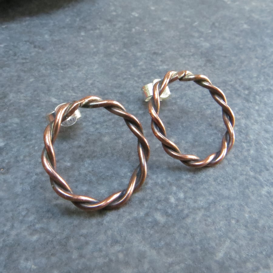 Copper stud earrings, Front facing hoops, 7th anniversary gift