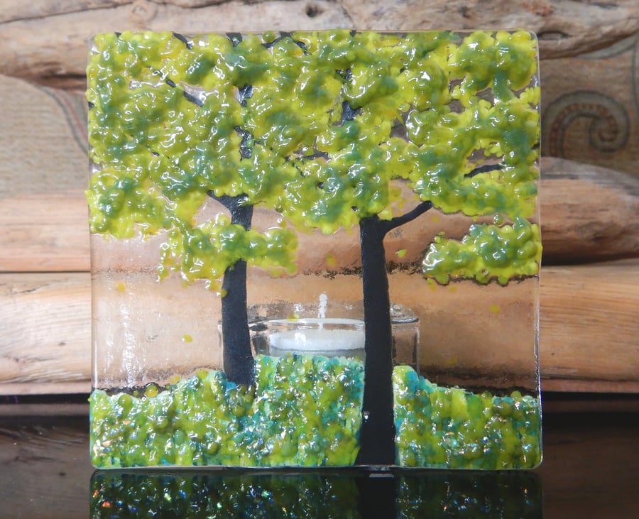 Handmade Fused Glass 'Spring Tree' T-Light Holder