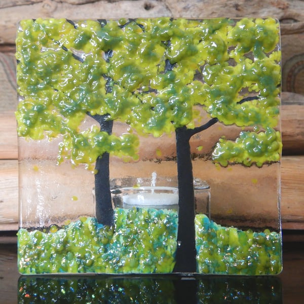 Handmade Fused Glass 'Spring Tree' T-Light Holder