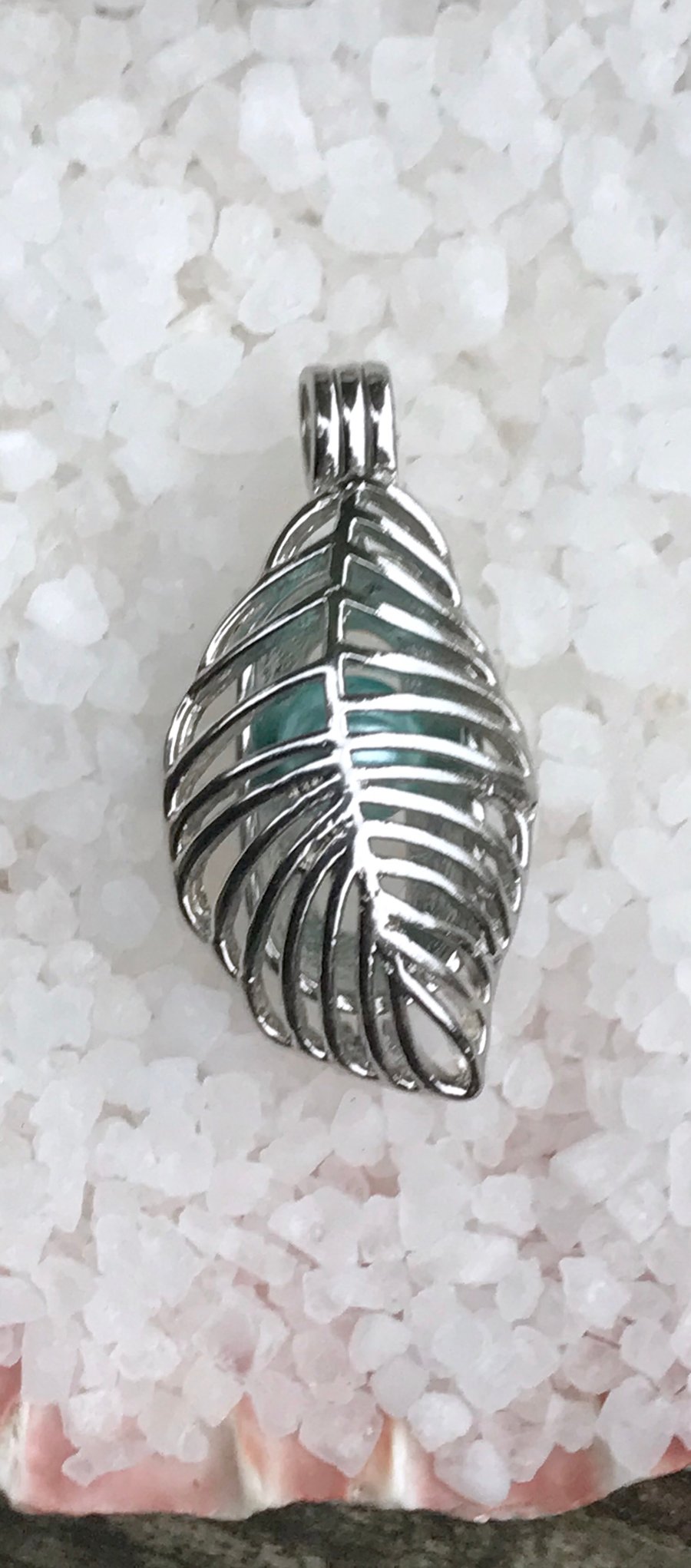 Beautiful Feather Cage Pendant Pearl Full Set Sterling Silver Snake Chain 