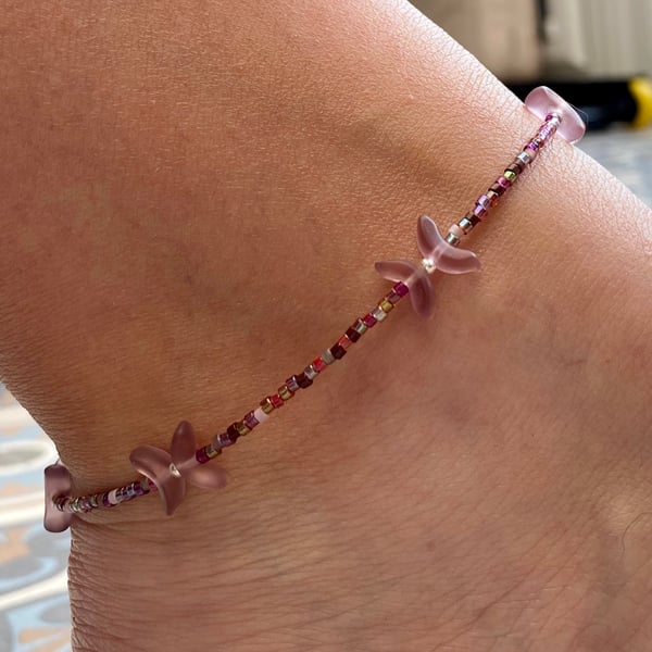 Czech Glass & Miyuki Beaded Anklet. Sterling Silver. Extension Chain. 