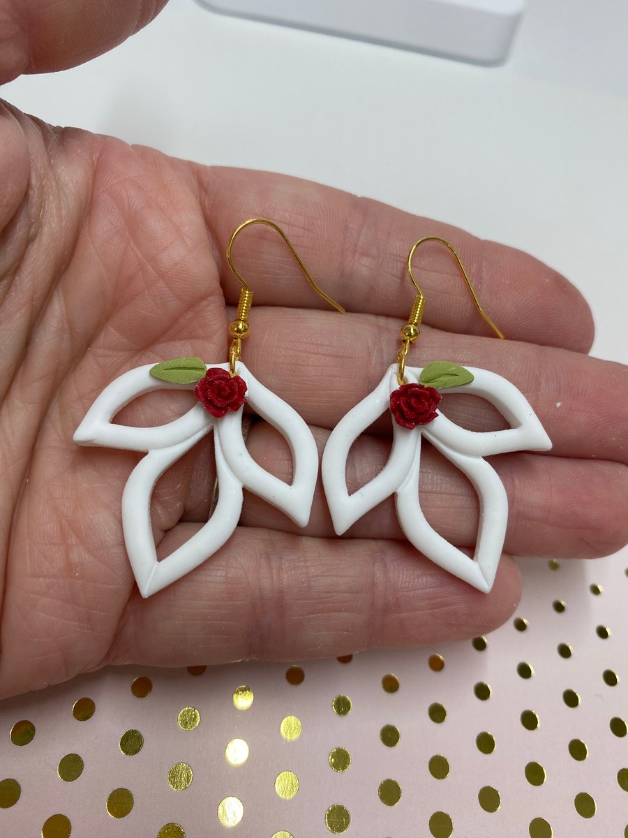Earrings, polymer clay white and red rose with gold-plated hooks, dangle earring