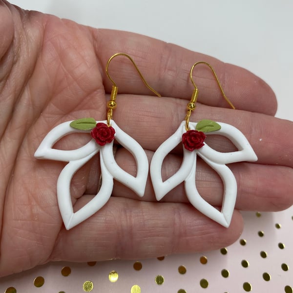 Earrings, polymer clay white and red rose with gold-plated hooks, dangle earring