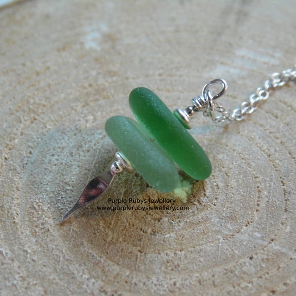 Cornish Sea Glass Stack Necklace Lime & Bottle Green, Sterling Silver N594