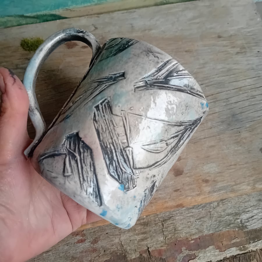 Ceramic handmade coffee mug sailboat blue white