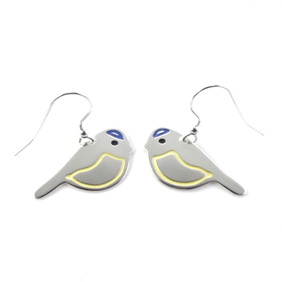 Blue Tit Drop Earrings, Silver Bird Jewellery, Handmade Nature Gift for Her