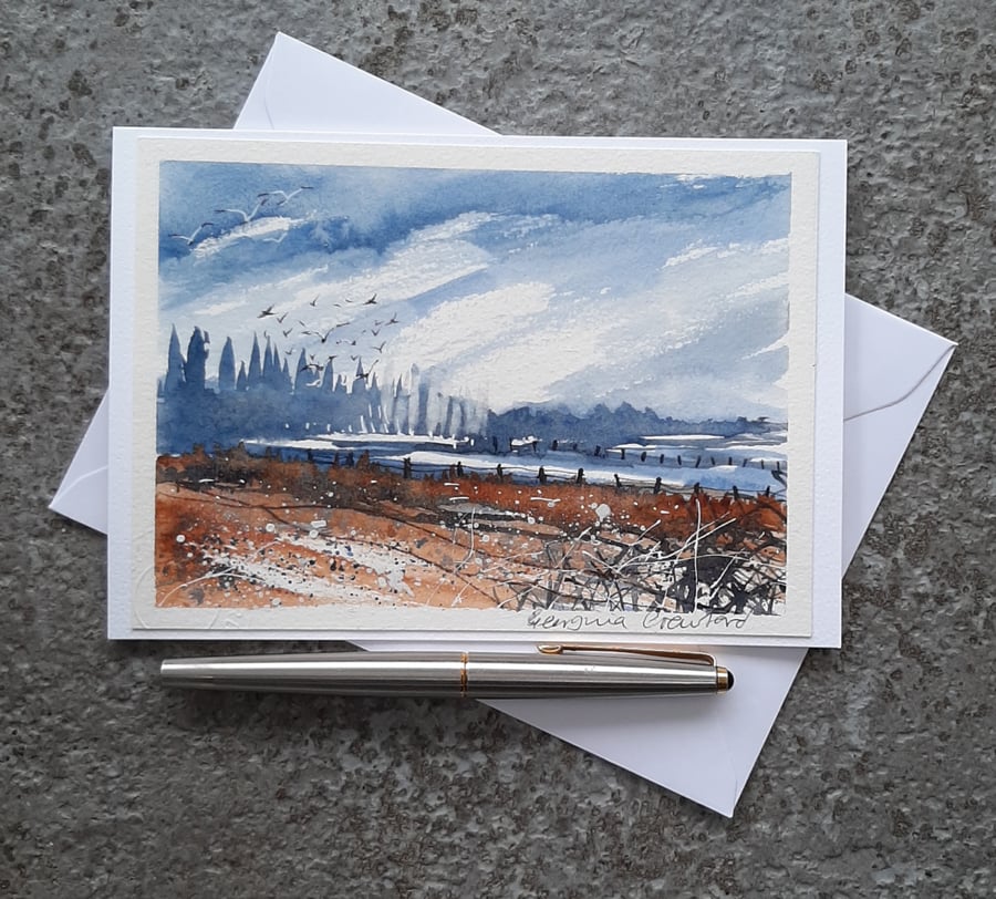 Ploughed Field. Blank Card. Handpainted Watercolour Art