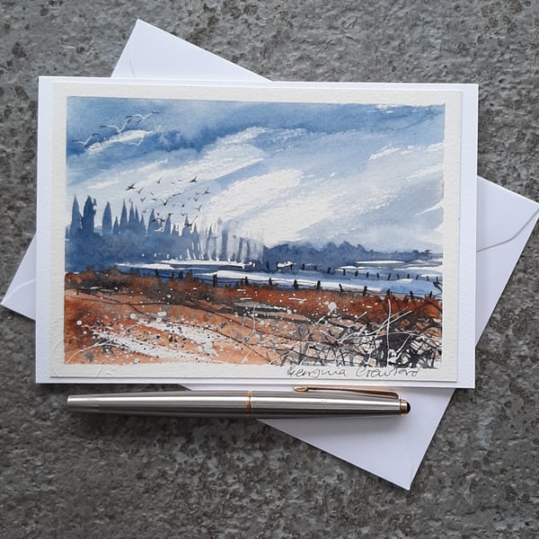 Ploughed Field. Blank Card. Handpainted Watercolour Art